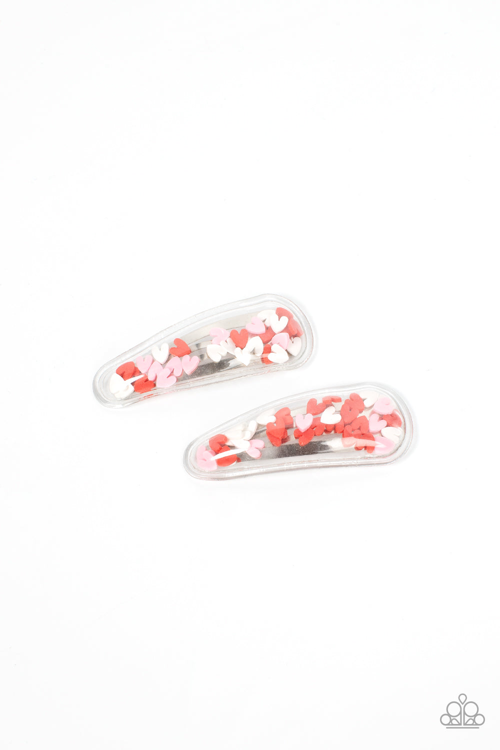 What a Sweetheart Multi Hair Clip - Paparazzi Accessories  A flirtatious collection of red, white, and pink hearts flutter back and forth inside a clear plastic frame, creating a charming eye-catching pop of color. Features standard snap hair clips on the back.  Sold as one pair of hair clips.