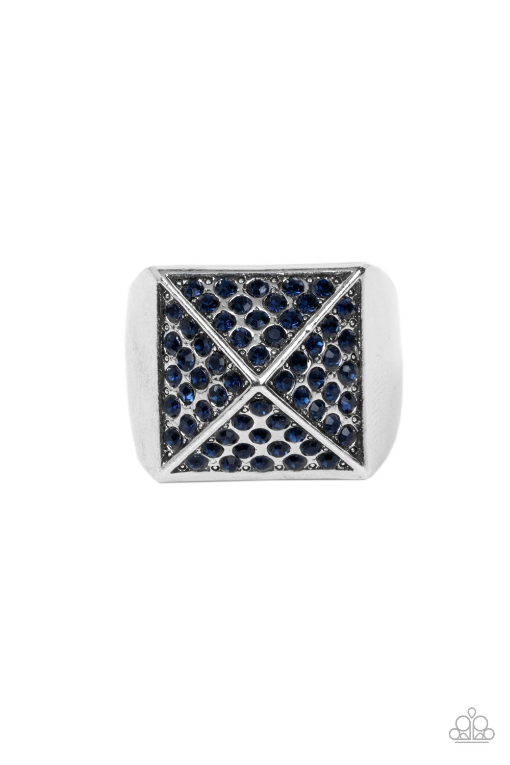 Pyramidal Powerhouse Blue Urban Ring - Paparazzi Accessories  Encrusted in glassy blue rhinestones, silver triangular frames build into a pyramidal centerpiece atop a thick silver band for a dauntless look. Features a stretchy band for a flexible fit.  Sold as one individual ring.