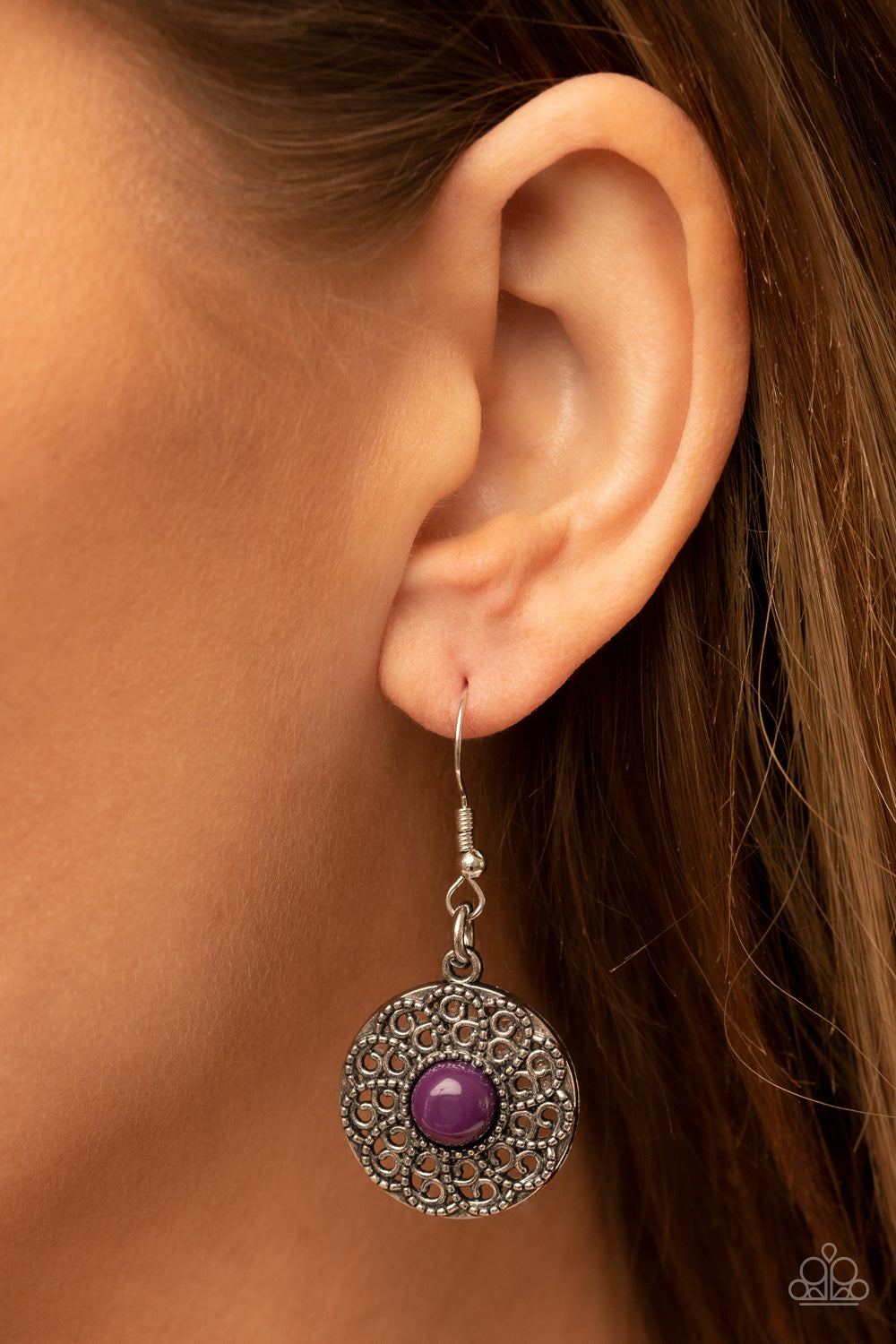 Detail Orientated Purple Necklace - Paparazzi Accessories  Dotted with bubbly plum beads, silver discs spinning with swirly petal motifs gradually increase in size as they link below the collar for a statement-making floral fashion. Features an adjustable clasp closure.  Sold as one individual necklace. Includes one pair of matching earrings.