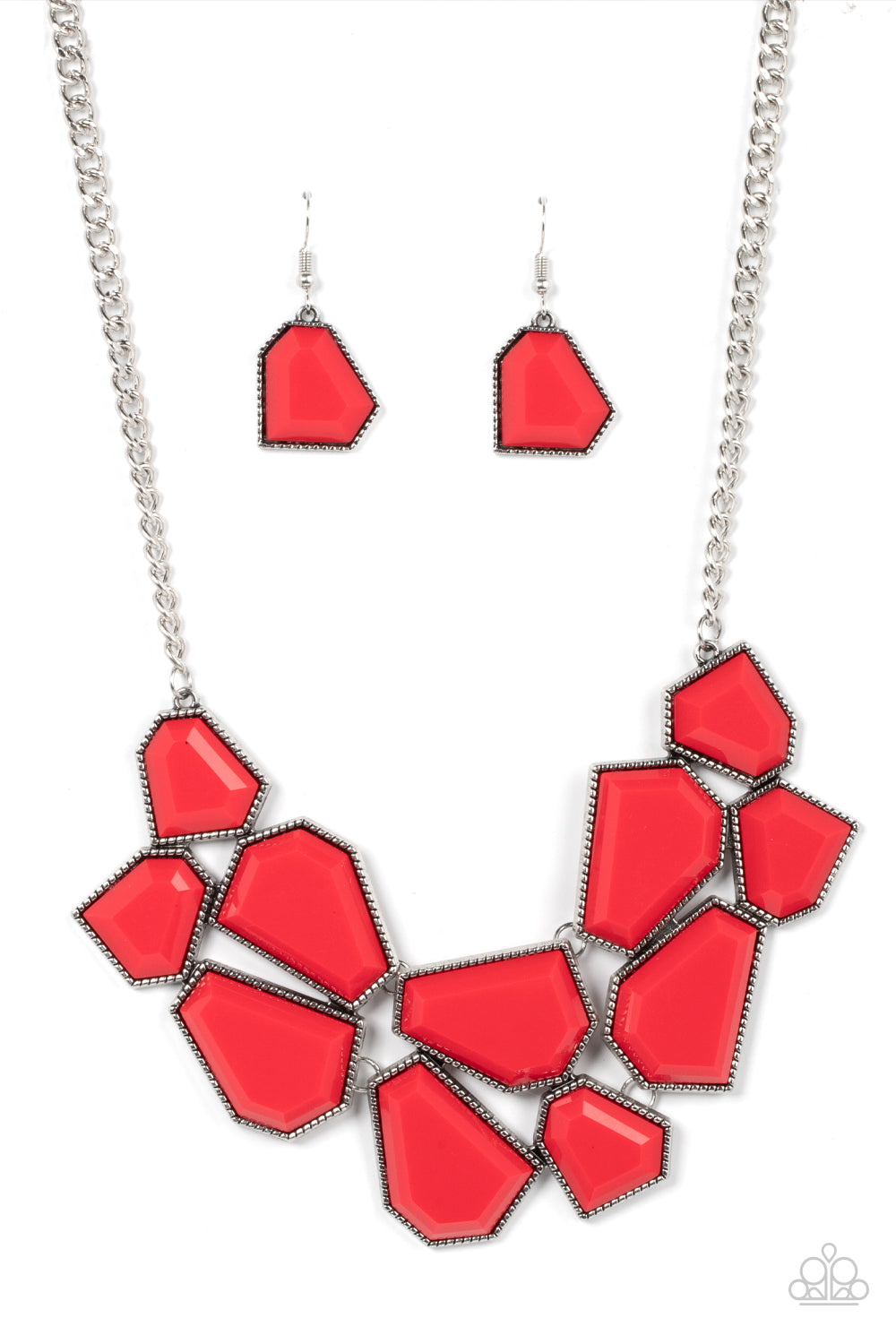 Double-DEFACED - Red Item #P2ST-RDXX-092XX A collection of flamboyant red defaced beads are encased in studded silver frames which link together across the collar. The irregular-shaped designs, suspended from silver chains, make a dynamically striking statement. Features an adjustable clasp closure.  Sold as one individual necklace. Includes one pair of matching earrings.