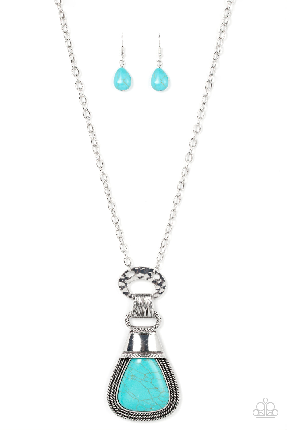 Rodeo Royale Turquoise Necklace - Paparazzi Accessories  An oversized turquoise stone is encased in a silver frame made up of layers of rope-like texture and topped with an antiqued silver adornment stamped in rustic patterns. The refreshing pendant swings from a hammered silver ring and clasp at the bottom of a lengthened silver chain, resulting in a captivating finish. Features an adjustable clasp closure.  Sold as one individual necklace. Includes one pair of matching earrings.  SKU: P2ST-BLXX-185XX