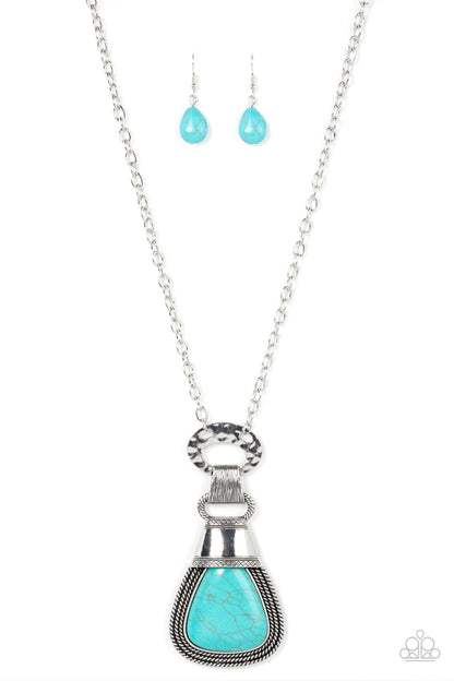Rodeo Royale Turquoise Necklace - Paparazzi Accessories  An oversized turquoise stone is encased in a silver frame made up of layers of rope-like texture and topped with an antiqued silver adornment stamped in rustic patterns. The refreshing pendant swings from a hammered silver ring and clasp at the bottom of a lengthened silver chain, resulting in a captivating finish. Features an adjustable clasp closure.  Sold as one individual necklace. Includes one pair of matching earrings.  SKU: P2ST-BLXX-185XX