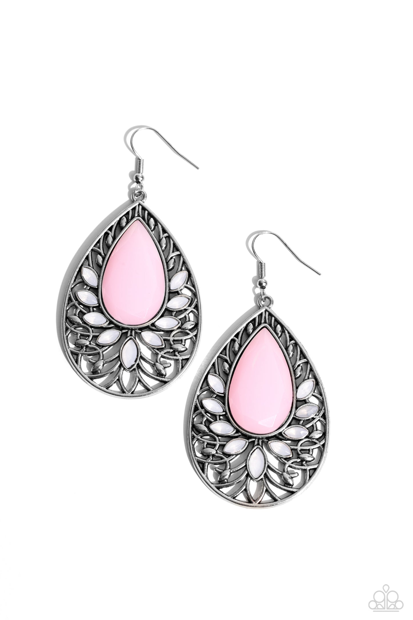 Floral Fairytale Pink Earring - Paparazzi Accessories  Marquise cut opalescent beads fan out from the bottom of an oversized Pale Rosette teardrop bead atop a leafy silver backdrop, resulting in a whimsical floral frame. Earring attaches to a standard fishhook fitting.  Featured inside The Preview at Made for More! Sold as one pair of earrings.  Sku:  P5ST-PKXX-021XX  New Kit