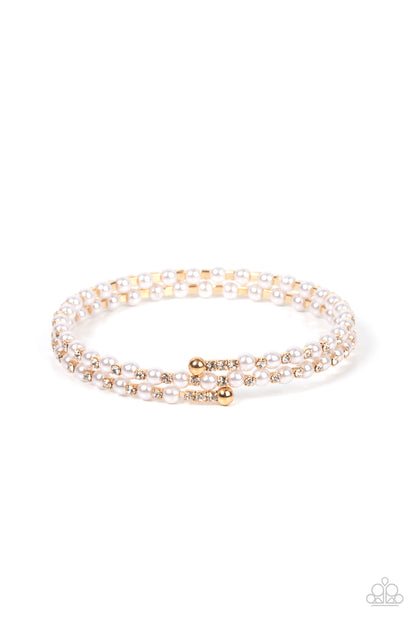 Regal Wraparound Gold Bracelet - Paparazzi Accessories  Dainty white pearls and white rhinestone dotted gold fittings alternate along an infinity wire around the wrist, resulting in wraparound shimmer.  Sold as one individual bracelet.