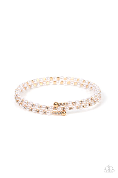 Regal Wraparound Gold Bracelet - Paparazzi Accessories  Dainty white pearls and white rhinestone dotted gold fittings alternate along an infinity wire around the wrist, resulting in wraparound shimmer.  Sold as one individual bracelet.