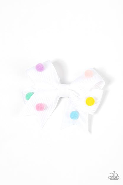 Pom Poms Promenade Multi Hair Clip - Paparazzi Accessories  Dainty multicolored pom poms dot the front of a ribbed white ribbon that neatly knots into a charming bow, creating a whimsical centerpiece. Features a standard hair clip on the back.  Sold as one individual hair clip.
