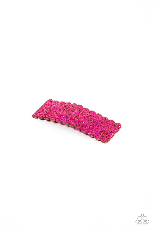 Shimmery Sequinista Pink Hair Clip - Paparazzi Accessories  The front of a scalloped leather frame is dusted in glittery Fuchsia Fedora sequins, resulting in a vibrant sparkle. Features a standard snap hair clip on the back.  Sold as one individual hair clip.