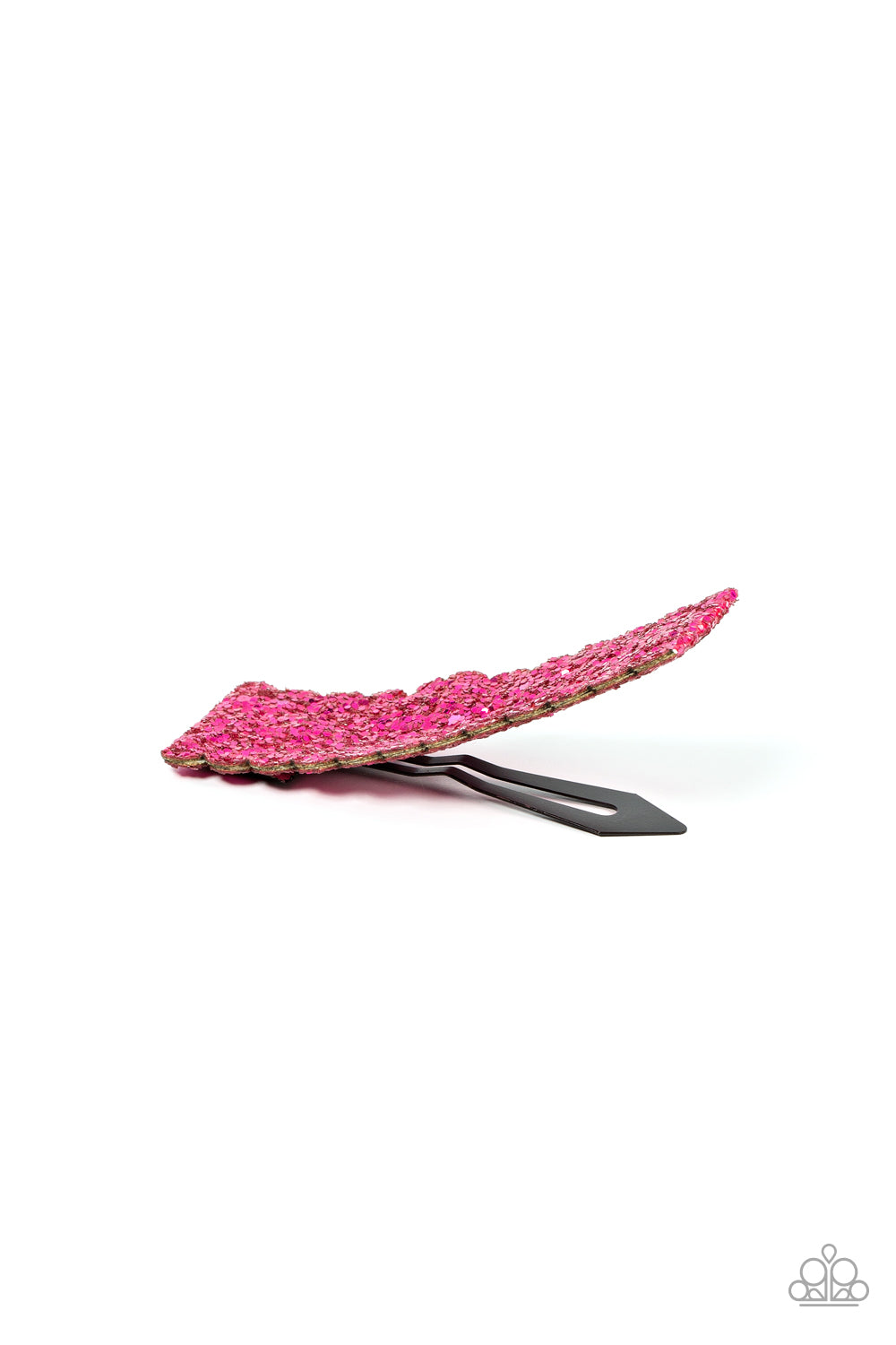 Shimmery Sequinista Pink Hair Clip - Paparazzi Accessories  The front of a scalloped leather frame is dusted in glittery Fuchsia Fedora sequins, resulting in a vibrant sparkle. Features a standard snap hair clip on the back.  Sold as one individual hair clip.