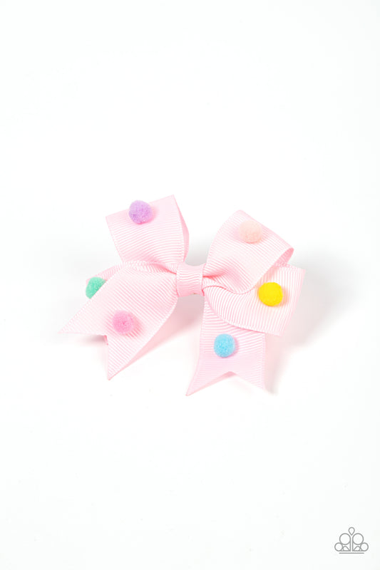 Pom Poms Promenade Pink Hair Clip - Paparazzi Accessories  Dainty multicolored pom poms dot the front of a ribbed Pale Rosette ribbon that neatly knots into a charming bow, creating a whimsical centerpiece. Features a standard hair clip on the back.  Sold as one individual hair clip.
