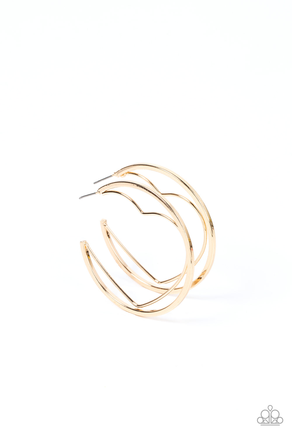 Love Goes Around Gold Hoop Earring - Paparazzi Accessories  A gold wire heart is encircled in an oversized gold hoop, resulting in a heart-stopping shimmer. Earring attaches to a standard post fitting. Hoop measures approximately 2" in diameter.  Sold as one pair of hoop earrings.