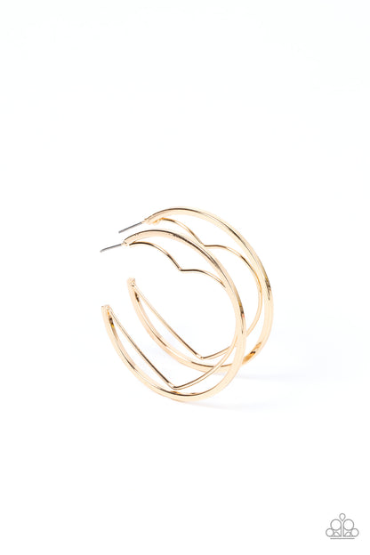 Love Goes Around Gold Hoop Earring - Paparazzi Accessories  A gold wire heart is encircled in an oversized gold hoop, resulting in a heart-stopping shimmer. Earring attaches to a standard post fitting. Hoop measures approximately 2" in diameter.  Sold as one pair of hoop earrings.