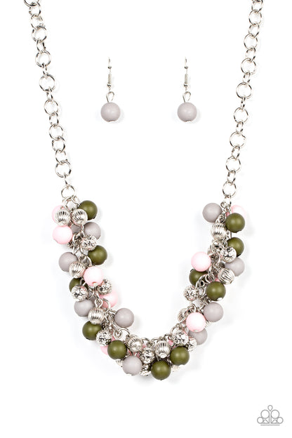 Party Procession Multi Necklace - Paparazzi Accessories  Featuring a matte finish, bubbly Pale Rosette, Olive Branch, and Ultimate Gray beads join hammered and linear textured silver beads along a substantial silver chain, creating a boisterous cluster below the collar. Features an adjustable clasp closure.  Sold as one individual necklace. Includes one pair of matching earrings.