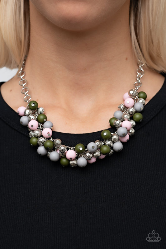 Party Procession Multi Necklace - Paparazzi Accessories  Featuring a matte finish, bubbly Pale Rosette, Olive Branch, and Ultimate Gray beads join hammered and linear textured silver beads along a substantial silver chain, creating a boisterous cluster below the collar. Features an adjustable clasp closure.  Sold as one individual necklace. Includes one pair of matching earrings.