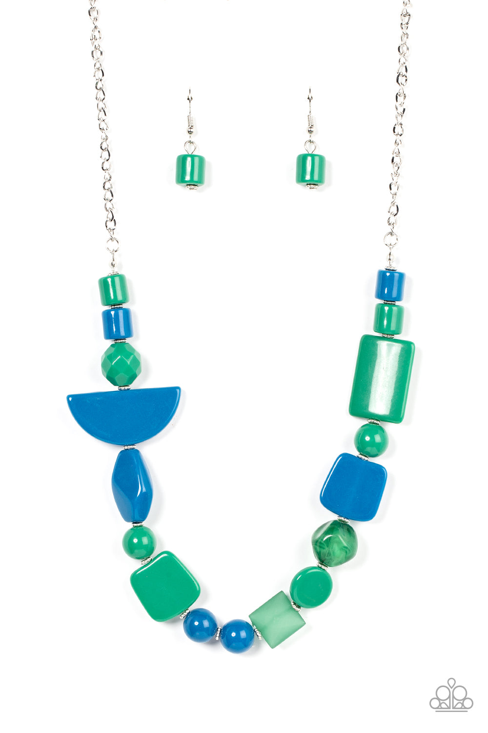 Tranquil Trendsetter Green Necklace - Paparazzi Accessories  Featuring the refreshing hues of Mykonos Blue and Leprechaun, mismatched acrylic and faux rock beads are haphazardly threaded along an invisible wire below the collar for an abstract artisan vibe. Features an adjustable clasp closure.  Sold as one individual necklace. Includes one pair of matching earrings.