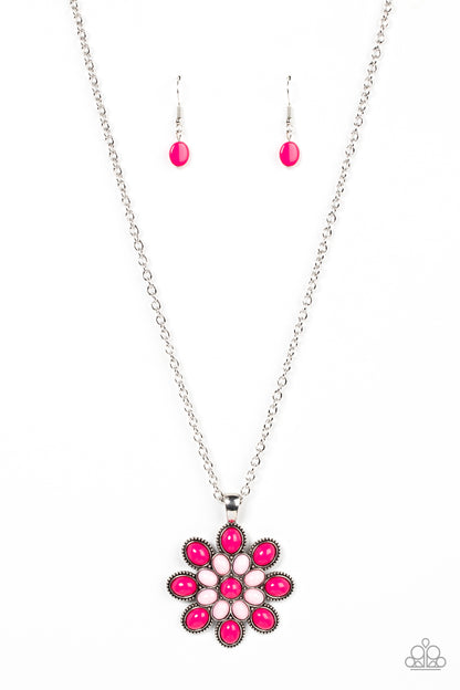 In the MEADOW of Nowhere Pink Necklace - Paparazzi Accessories  A bubbly collection of Fuchsia Fedora and Pale Rosette beads blooms into a vivacious flower pendant at the bottom of an extended silver chain, resulting in a flamboyant floral fashion. Features an adjustable clasp closure.  Sold as one individual necklace. Includes one pair of matching earrings.