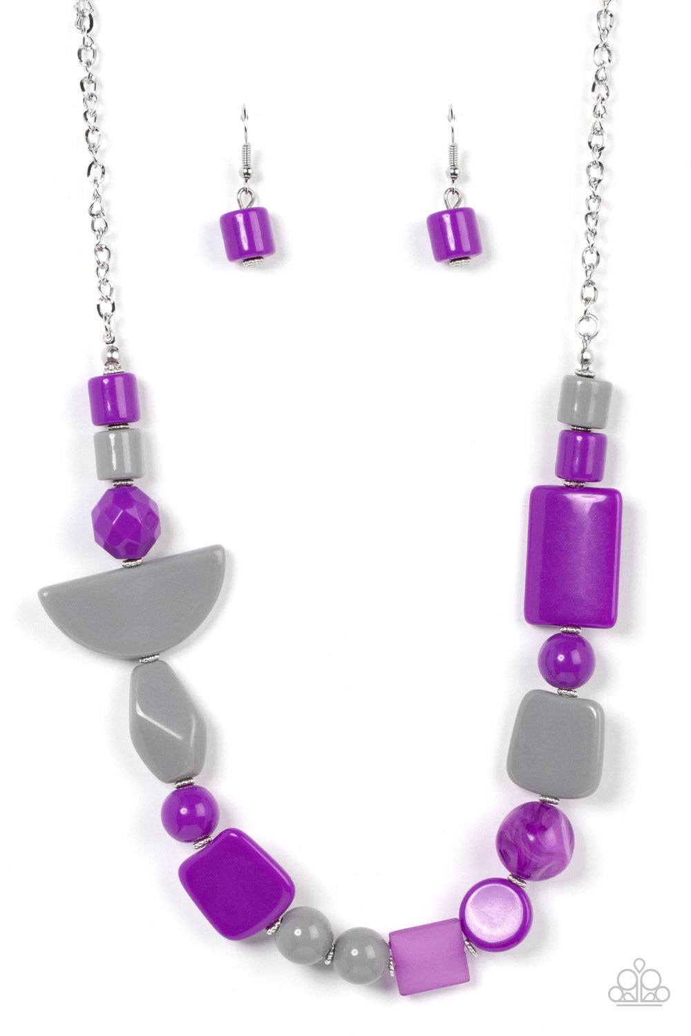 Tranquil Trendsetter Purple Necklace - Paparazzi Accessories  Featuring the bold hues of Ultimate Gray and purple, mismatched acrylic and faux rock beads are haphazardly threaded along an invisible wire below the collar for an abstract artisan vibe. Features an adjustable clasp closure.  Sold as one individual necklace. Includes one pair of matching earrings.