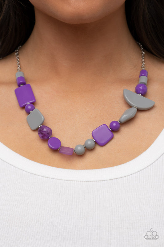 Tranquil Trendsetter Purple Necklace - Paparazzi Accessories  Featuring the bold hues of Ultimate Gray and purple, mismatched acrylic and faux rock beads are haphazardly threaded along an invisible wire below the collar for an abstract artisan vibe. Features an adjustable clasp closure.  Sold as one individual necklace. Includes one pair of matching earrings.