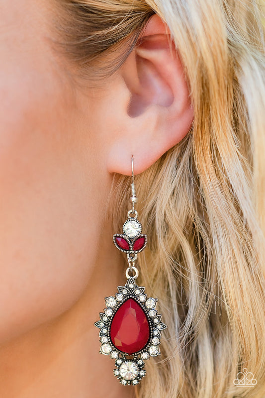 SELFIE-Esteem Red Earring- Paparazzi Accessories   Dotted with dainty white rhinestones, leafy silver frames bloom from an oversized red teardrop bead that delicately hangs from a leafy white rhinestone and red beaded fitting for a whimsical finish. Earring attaches to a standard fishhook fitting.  Sold as one pair of earrings.