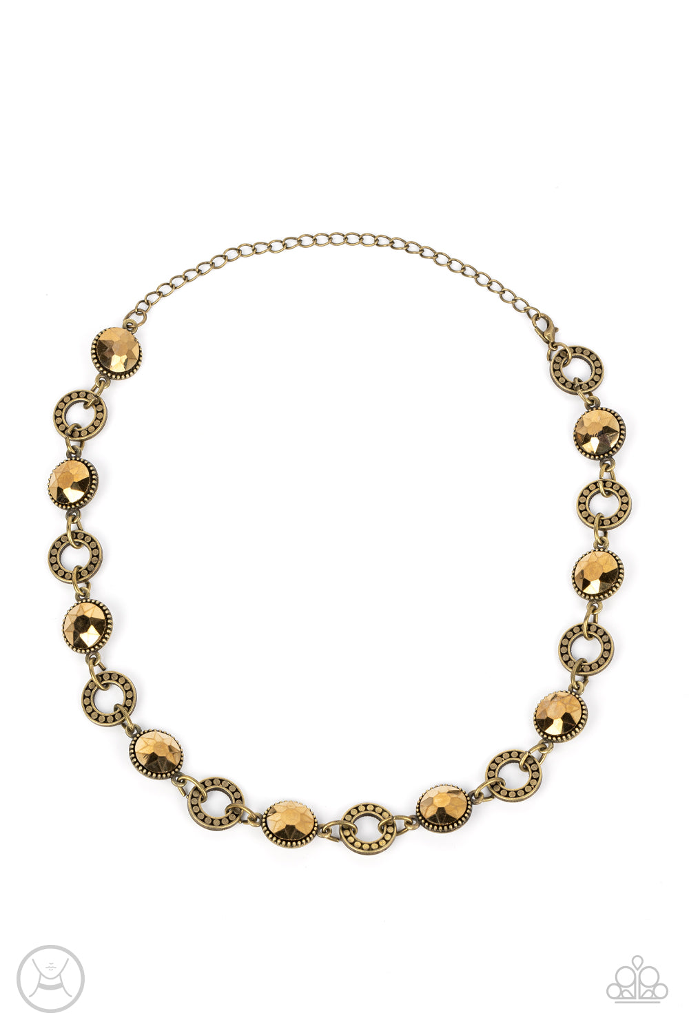 Rhinestone Rollout Brass Necklace - Paparazzi Accessories  Dramatic aurum gems encased in daintily dotted brass frames link with brass rings finished with flattened studded texture. The smoldering aurum rhinestones and edgy rings alternate around the neck, resulting in an upscale industrial flair. Features an adjustable clasp closure.  Sold as one individual choker necklace. Includes one pair of matching earrings.