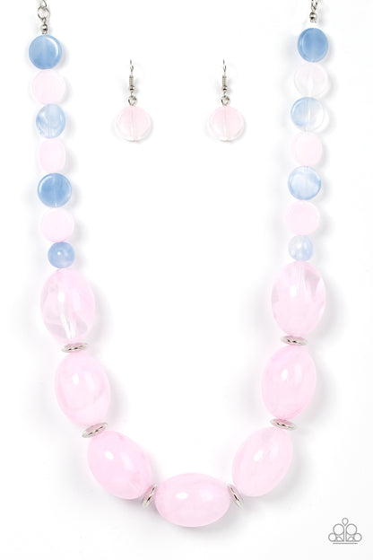 Belle of the Beach Pink Necklace- Paparazzi Accessories   Featuring cloudy acrylic finishes, flat Pale Rosette and Spring Lake discs alternate along an invisible wire, giving way to an oversized collection of cloudy oval Pale Rosette beads for an ethereal pop of color below the collar. Features an adjustable clasp closure.  Sold as one individual necklace. Includes one pair of matching earrings.
