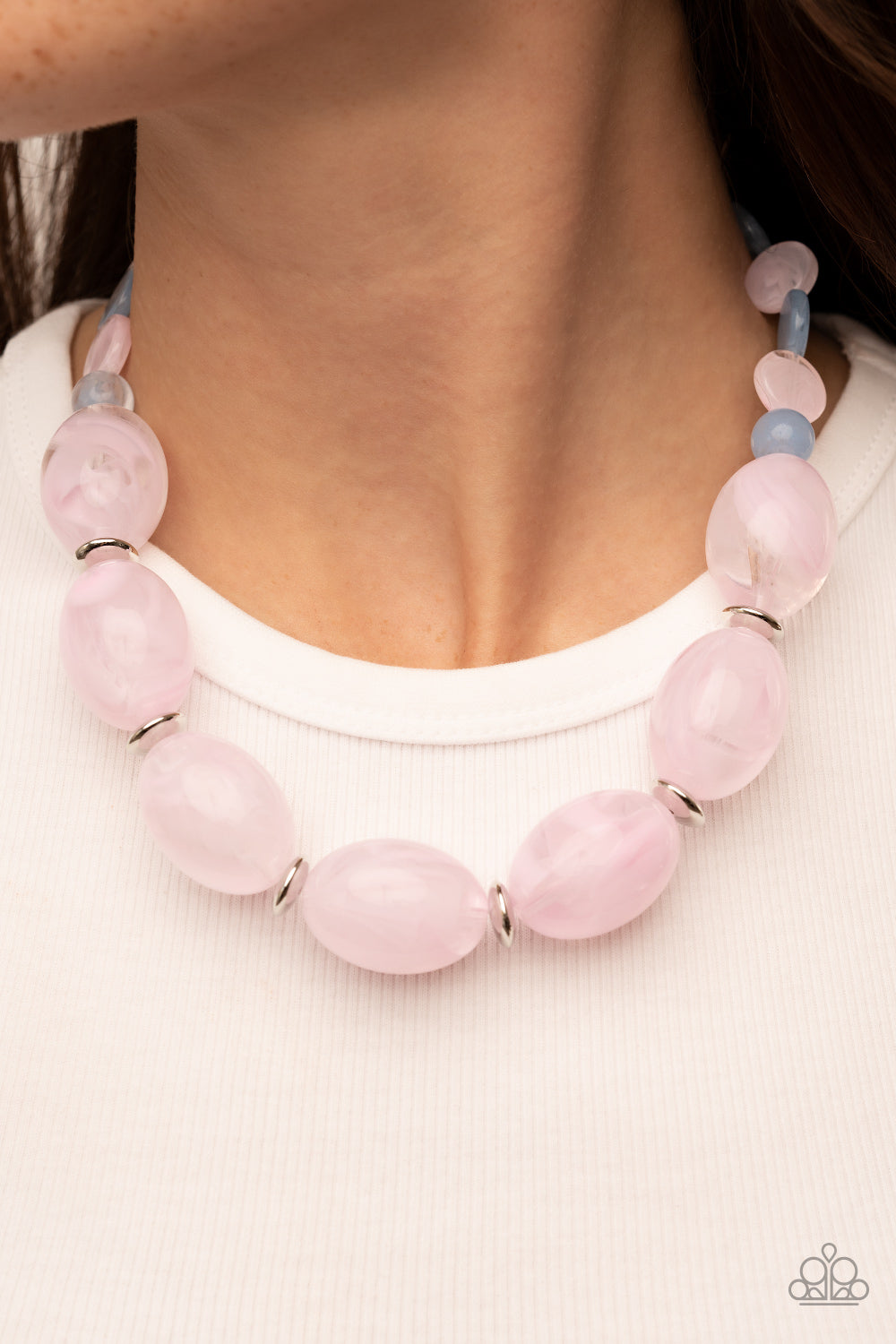 Belle of the Beach Pink Necklace- Paparazzi Accessories   Featuring cloudy acrylic finishes, flat Pale Rosette and Spring Lake discs alternate along an invisible wire, giving way to an oversized collection of cloudy oval Pale Rosette beads for an ethereal pop of color below the collar. Features an adjustable clasp closure.  Sold as one individual necklace. Includes one pair of matching earrings.