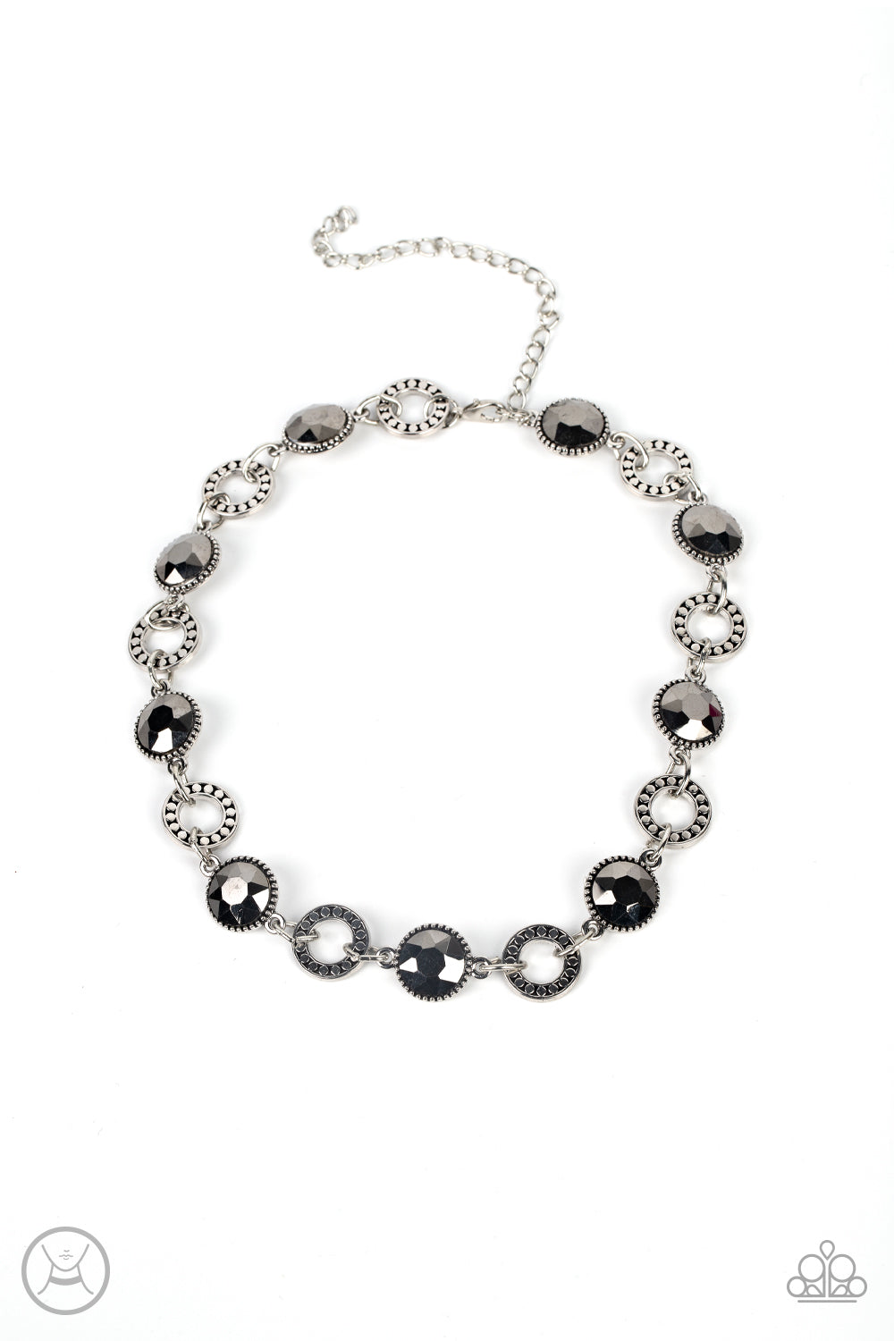 Rhinestone Rollout Silver Choker Necklace - Paparazzi Accessories  Dramatic hematite gems encased in daintily dotted frames link with silver rings finished with flattened studded texture. The stunning rhinestones and edgy rings alternate around the neck, resulting in an upscale industrial flair. Features an adjustable clasp closure.  Sold as one individual choker necklace. Includes one pair of matching earrings.