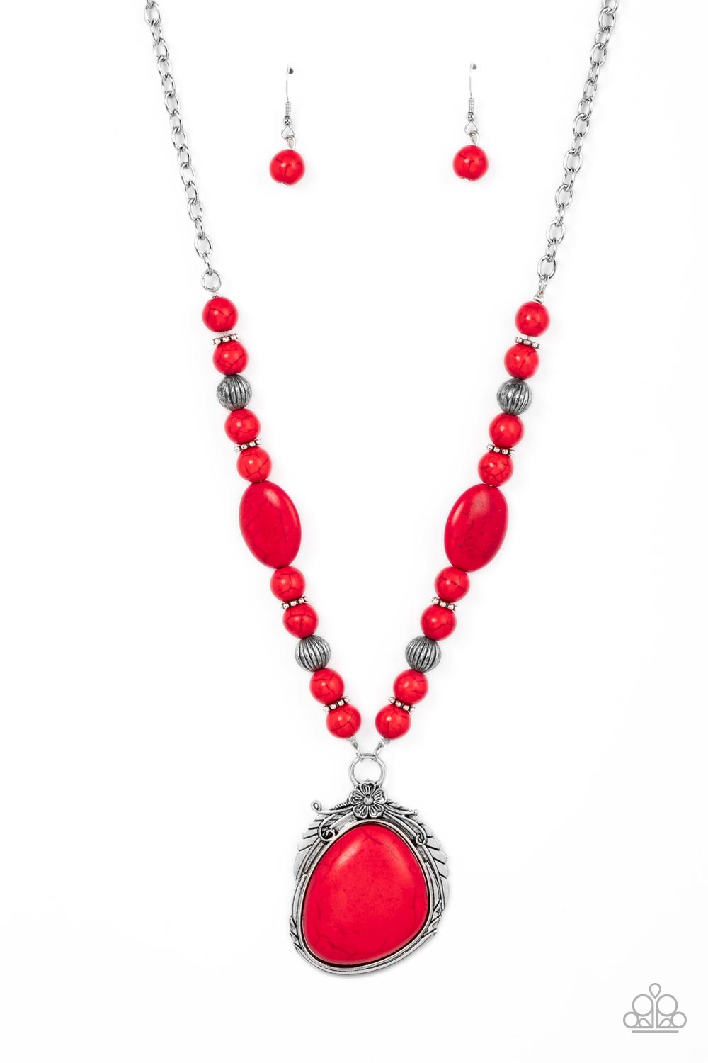Southwest Paradise Red Necklace - Paparazzi Accessories  A lengthened silver chain flows into a succession of polished red stone beads and silver accents. The flowy display gives way to an opulent red stone that is pressed into an ornate silver frame. Adorned with fanciful antiqued silver flower, vine, and feather-like motifs, the elegantly rustic pendant makes a striking impact. Features an adjustable clasp closure.  Sold as one individual necklace. Includes one pair of matching earrings.