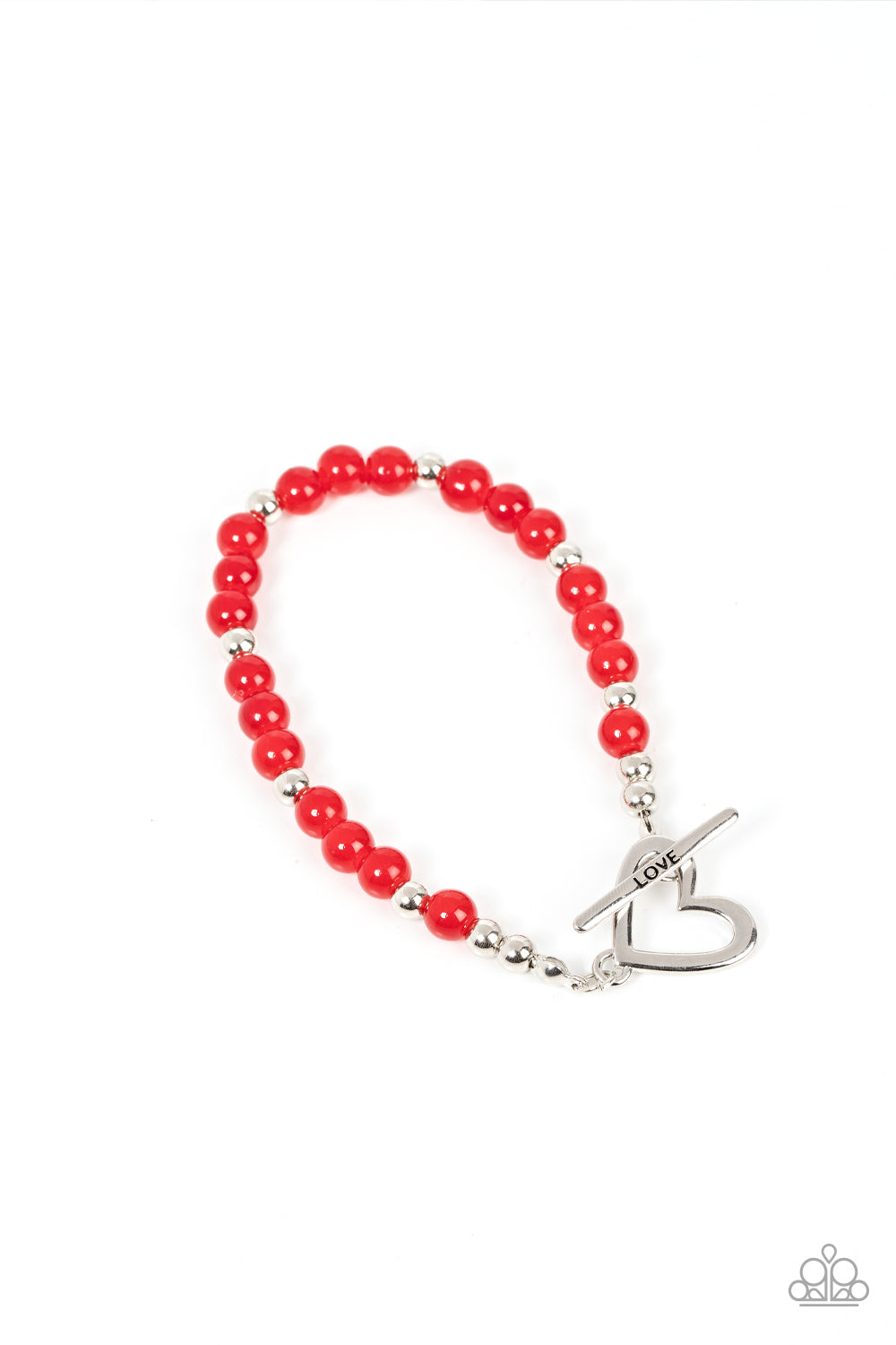 Following My Heart Red Bracelet - Paparazzi Accessories  A shiny silver heart frame interlocks with a toggle closure at the center of a shiny silver and glassy red beaded bracelet. The silver toggle is stamped in the word, "love," for a romantic finish. Features a toggle closure.  Sold as one individual bracelet.
