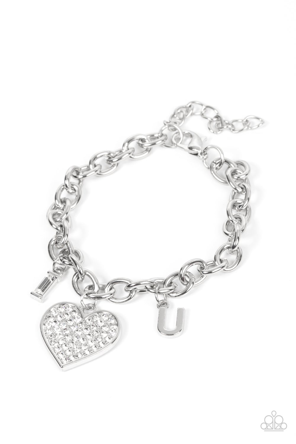 Letters of Love White Necklace & Bracelet Set - Paparazzi Accessories Encrusted with sparkly white rhinestones, an oversized silver heart charm dances between a pair of "I" and "U" charms, resulting in a heartwarming message along a dainty silver chain across the chest and around the wrist. Sold as one individual necklace. Includes one matching bracelet. Get The Complete Look! Bracelet: "Declaration of Love - White"