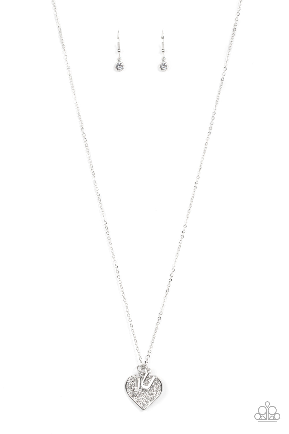 Letters of Love White Necklace & Bracelet Set - Paparazzi Accessories Encrusted with sparkly white rhinestones, an oversized silver heart charm dances between a pair of "I" and "U" charms, resulting in a heartwarming message along a dainty silver chain across the chest and around the wrist. Sold as one individual necklace. Includes one matching bracelet. Get The Complete Look! Bracelet: "Declaration of Love - White"