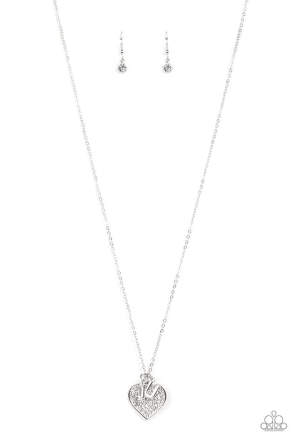 Letters of Love White Necklace & Bracelet Set - Paparazzi Accessories Encrusted with sparkly white rhinestones, an oversized silver heart charm dances between a pair of "I" and "U" charms, resulting in a heartwarming message along a dainty silver chain across the chest and around the wrist. Sold as one individual necklace. Includes one matching bracelet. Get The Complete Look! Bracelet: "Declaration of Love - White"