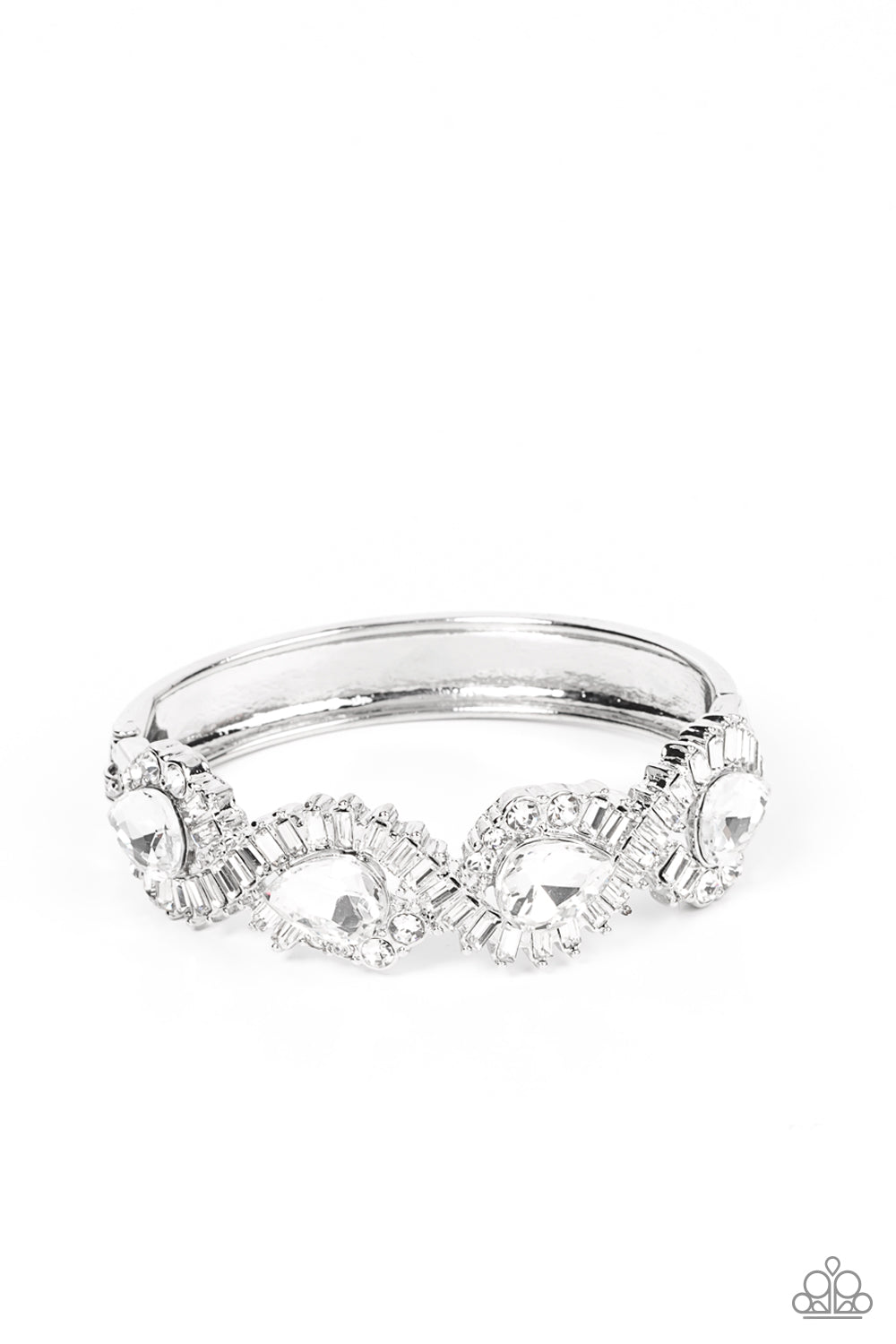 For the Win White Bracelet - Paparazzi Accessories  Ribbons of emerald and round cut rhinestones loop around dramatically oversized teardrop rhinestones, resulting in an explosion of sparkle across the front of a jaw-dropping bangle-like bracelet. Features a hinged closure.  Sold as one individual bracelet.