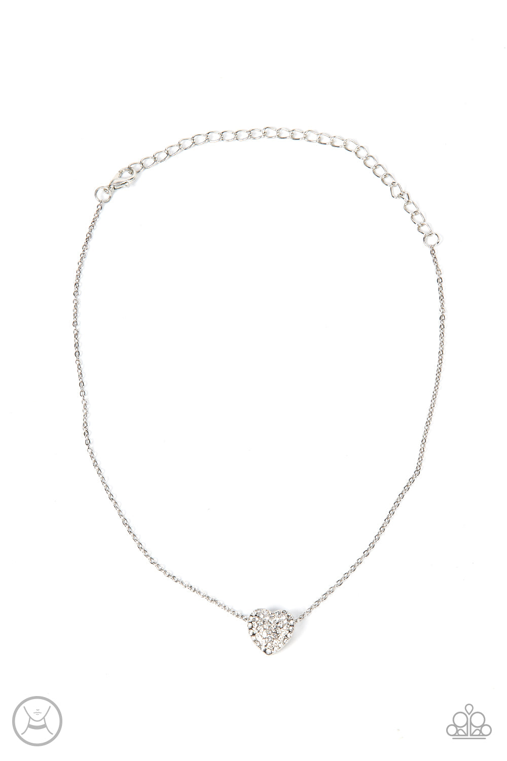 Twitterpated Twinkle White Choker Necklace - Paparazzi Accessories  Encrusted in glassy white rhinestones, a dainty heart frame sparkles along a dainty silver chain around the neck for a flirty finesse. Features an adjustable clasp closure.  Sold as one individual choker necklace. Includes one pair of matching earrings.