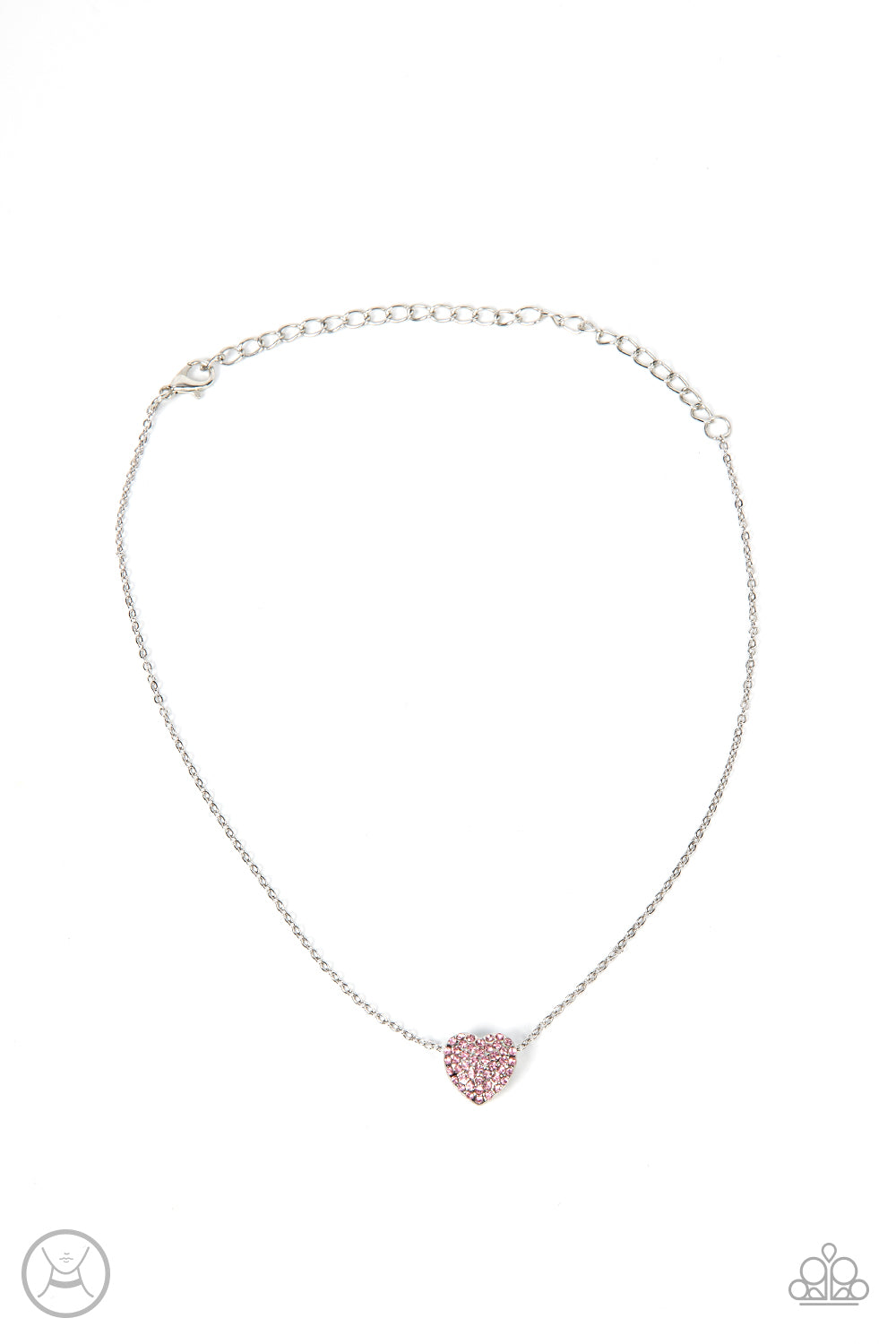 Twitterpated Twinkle Pink Necklace - Paparazzi Accessories  Encrusted in glassy pink rhinestones, a dainty heart frame sparkles along a dainty silver chain around the neck for a flirty finesse. Features an adjustable clasp closure.  Sold as one individual choker necklace. Includes one pair of matching earrings.