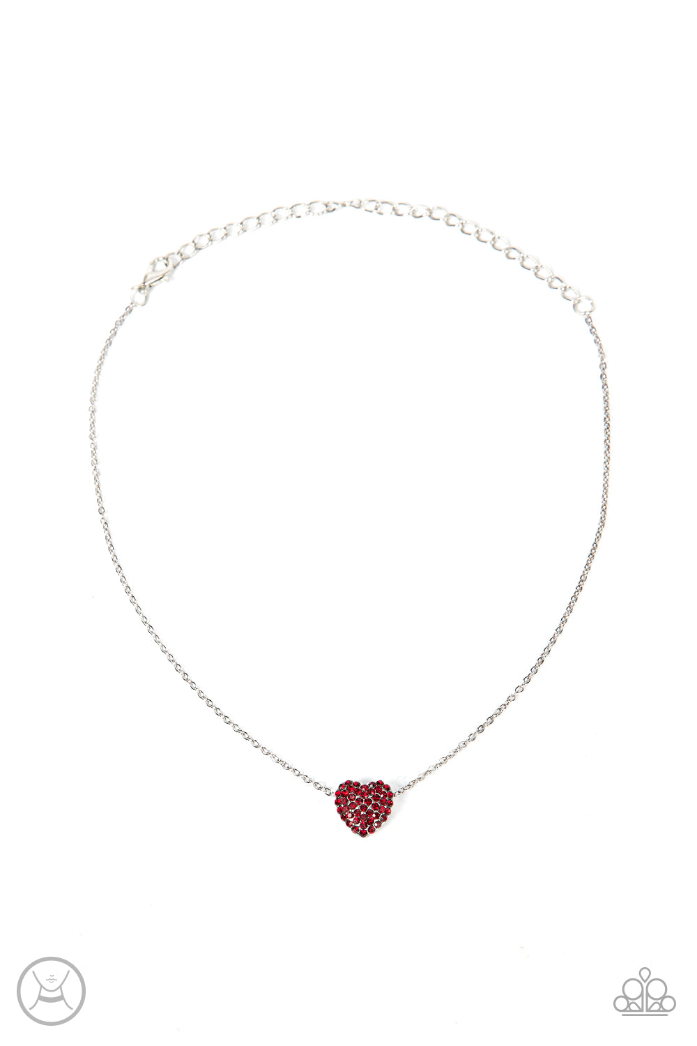Twitterpated Twinkle Red Necklace - Paparazzi Accessories  Encrusted in fiery red rhinestones, a dainty heart frame sparkles along a dainty silver chain around the neck for a flirty finesse. Features an adjustable clasp closure.  Sold as one individual choker necklace. Includes one pair of matching earrings.