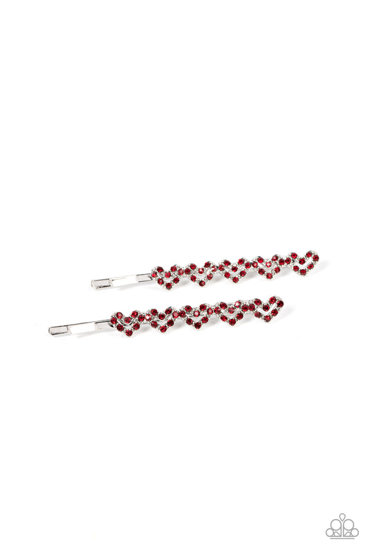 Thinking of You Red Heart Hair Clip - Paparazzi Accessories  Dotted in dainty red rhinestones, glittery heart frames adorn the fronts of two silver bobby pins, resulting in an adorable duo.  Sold as one pair of decorative bobby pins.