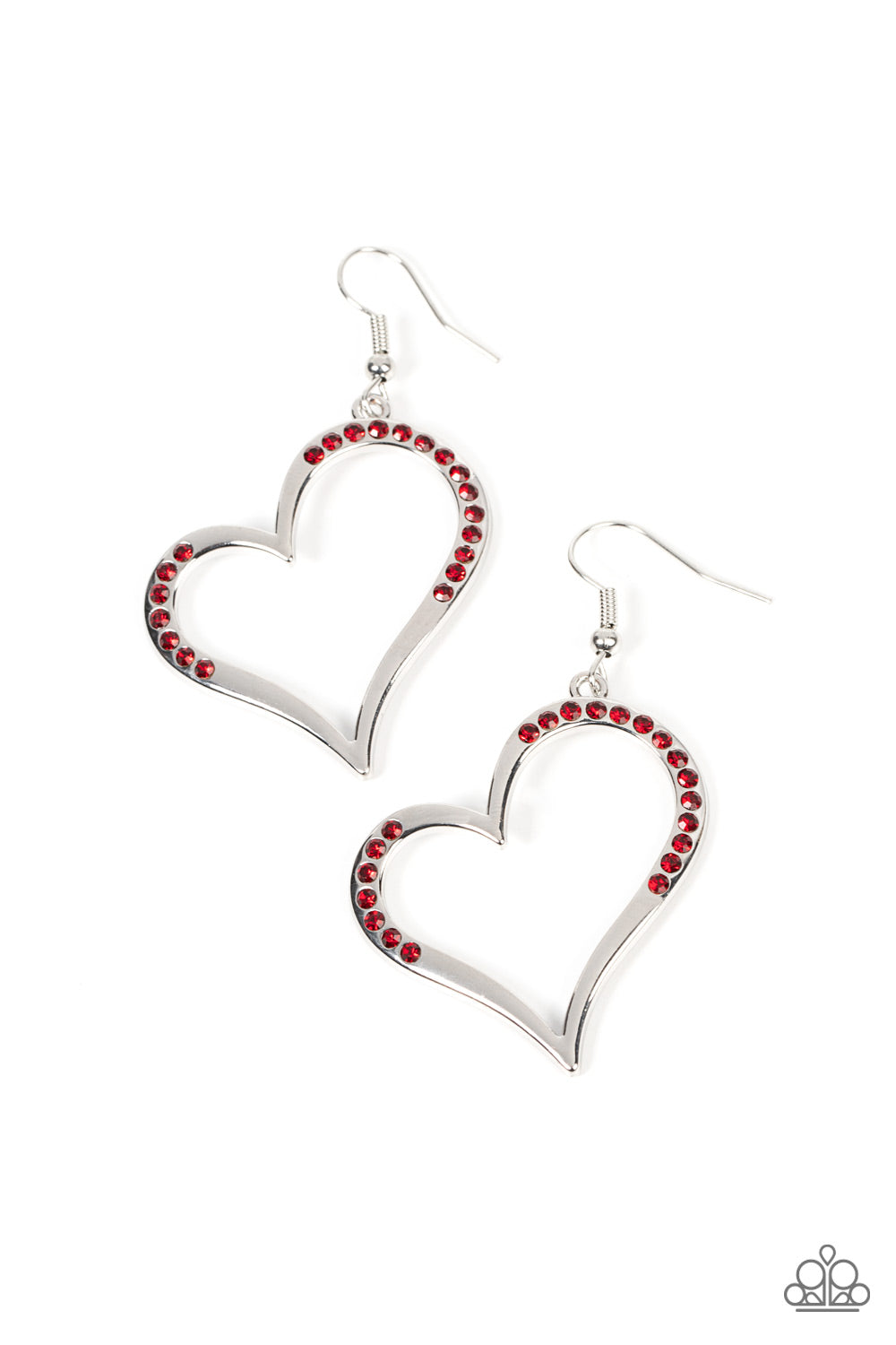 Tenderhearted Twinkle Red Earring - Paparazzi Accessories  A curvaceous silver heart is encrusted in sections of fiery red rhinestones, invoking a flirtatious flair. Earring attaches to a standard fishhook fitting.  Sold as one pair of earrings.