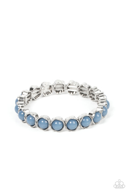 Lets be Buds Blue Bracelet - Paparazzi Accessories  Textured silver petals fold around dewy Spring Lake beads along stretchy bands, resulting in a flowery pop of color around the wrist.  Sold as one individual bracelet.