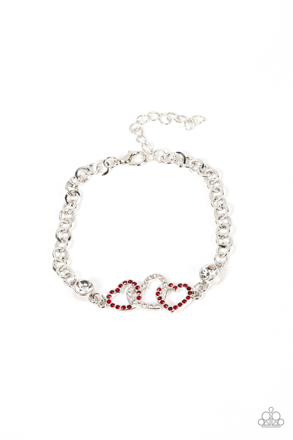 Desirable Dazzle Red Bracelet - Paparazzi Accessories  Red and white rhinestone dotted hearts delicately interlock between two white rhinestone fittings, creating heart-pounding sparkle atop the wrist. Features an adjustable clasp closure.  Sold as one individual bracelet.