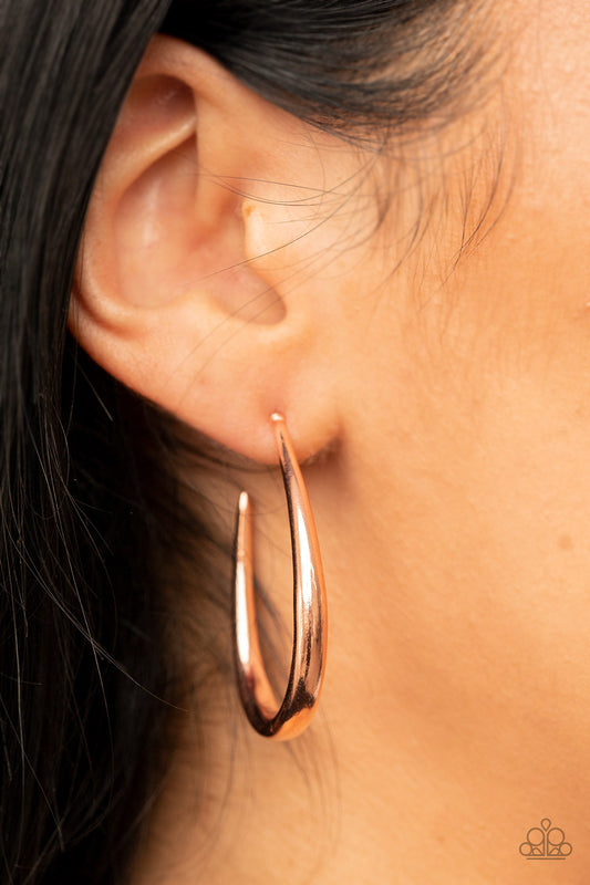 CURVE Your Appetite Shiny Copper Hoop Earring - Paparazzi Accessories  A shiny copper bar sharply curves into an asymmetrical hoop, adding a flash of metallic edge to any outfit. Earring attaches to a standard post fitting. Hoop measures approximately 1 1/4" in diameter.  Sold as one pair of hoop earrings.  P5HO-CPSH-152XX