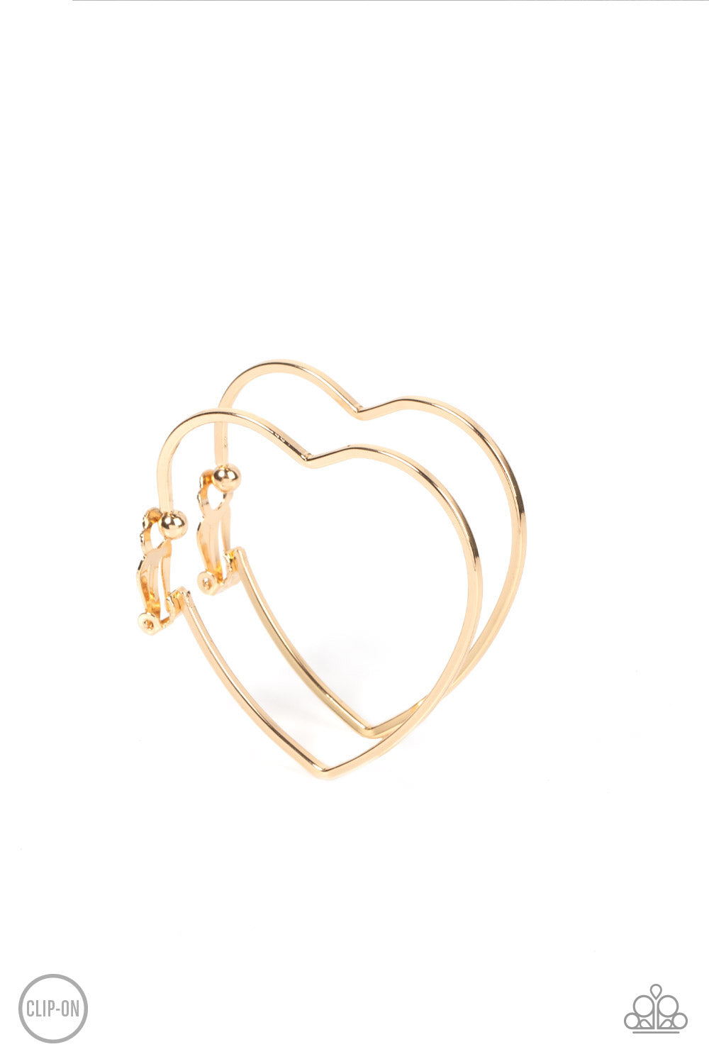Harmonious Hearts Gold Clip-On Hoop Earring - Paparazzi Accessories  A glistening gold bar delicately curves into an oversized heart frame, resulting in a heart-stopping shimmer. Earring attaches to a standard clip-on fitting.  Sold as one pair of clip-on earrings.