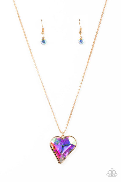 Lockdown My Heart Gold Necklace - Paparazzi Accessories  An iridescent heart-shaped gem is pressed into a simple gold frame at the end of a gold box chain creating an adorable sentiment below the collar. Features an adjustable clasp closure.  Sold as one individual necklace. Includes one pair of matching earrings.