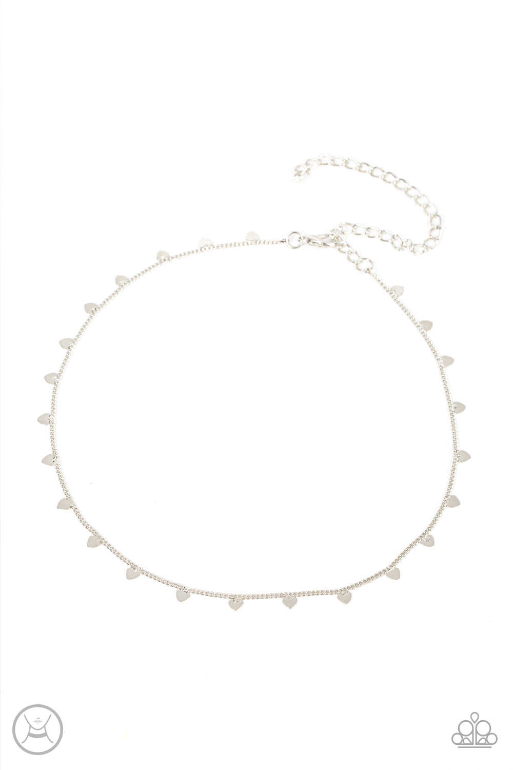 Cupids Cutest Valentine Silver Choker Necklace - Paparazzi Accessories  Dainty silver hearts dance from a dainty silver chain around the neck, creating a flirtatious fringe. Features an adjustable clasp closure.  Sold as one individual choker necklace. Includes one pair of matching earrings.