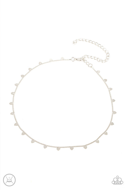 Cupids Cutest Valentine Silver Choker Necklace - Paparazzi Accessories  Dainty silver hearts dance from a dainty silver chain around the neck, creating a flirtatious fringe. Features an adjustable clasp closure.  Sold as one individual choker necklace. Includes one pair of matching earrings.