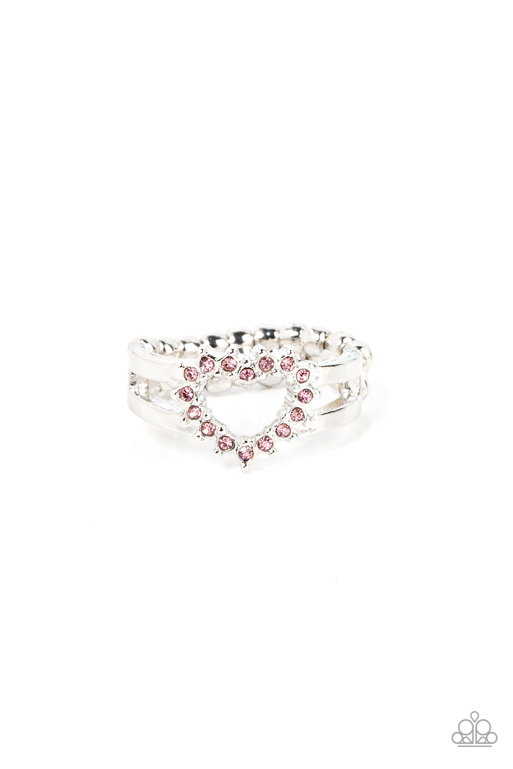 First Kisses Pink Heart Ring - Paparazzi Accessories  Pink rhinestone pronged silver fittings coalesce into an airy heart frame atop the center of layered silver frames, resulting in a romantic centerpiece atop the finger. Features a dainty stretchy band for a flexible fit.  Sold as one individual ring.
