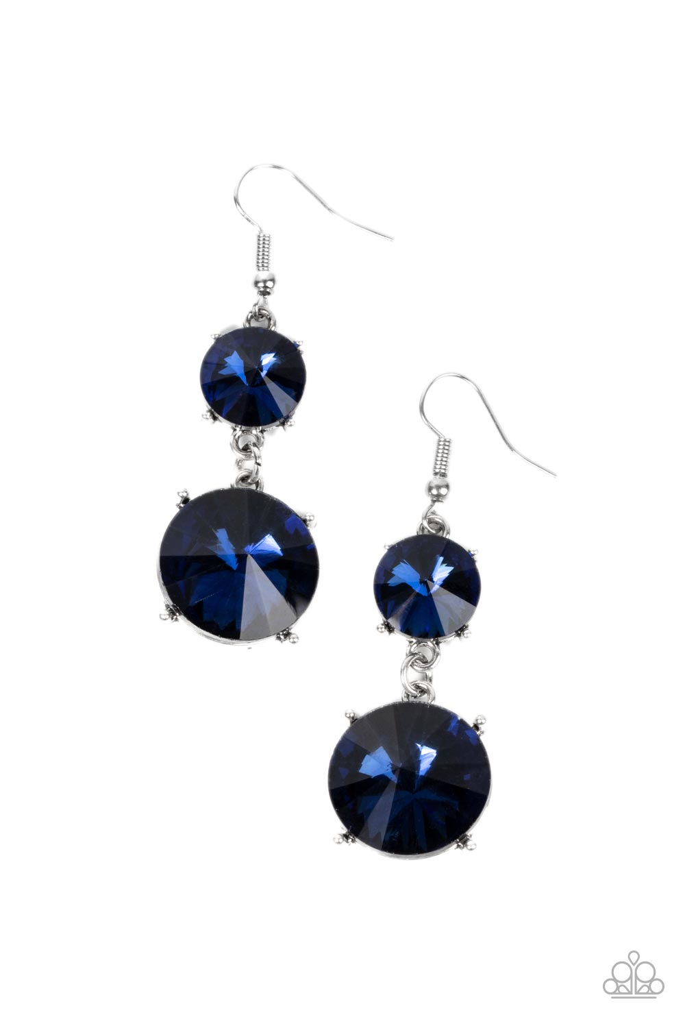 Sizzling Showcase Blue Earring - Paparazzi Accessories  Featuring pronged silver fittings, two oversized blue rhinestones dramatically link into a bold smoldering lure as they drip dazzlingly from the ear. Earring attaches to a standard fishhook fitting.  Sold as one pair of earrings.