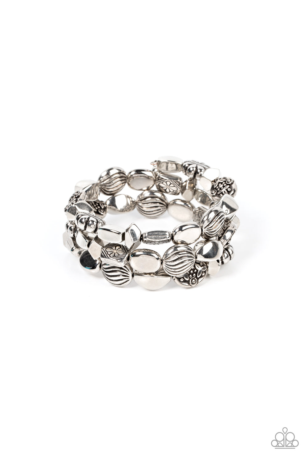 Charmingly Cottagecore Silver Bracelet - Paparazzi Accessories  An enchanting assortment of shiny silver, faceted, and floral embossed beads alternates along a coiled wire, creating a whimsical infinity style bracelet around the wrist.  Sold as one individual bracelet.