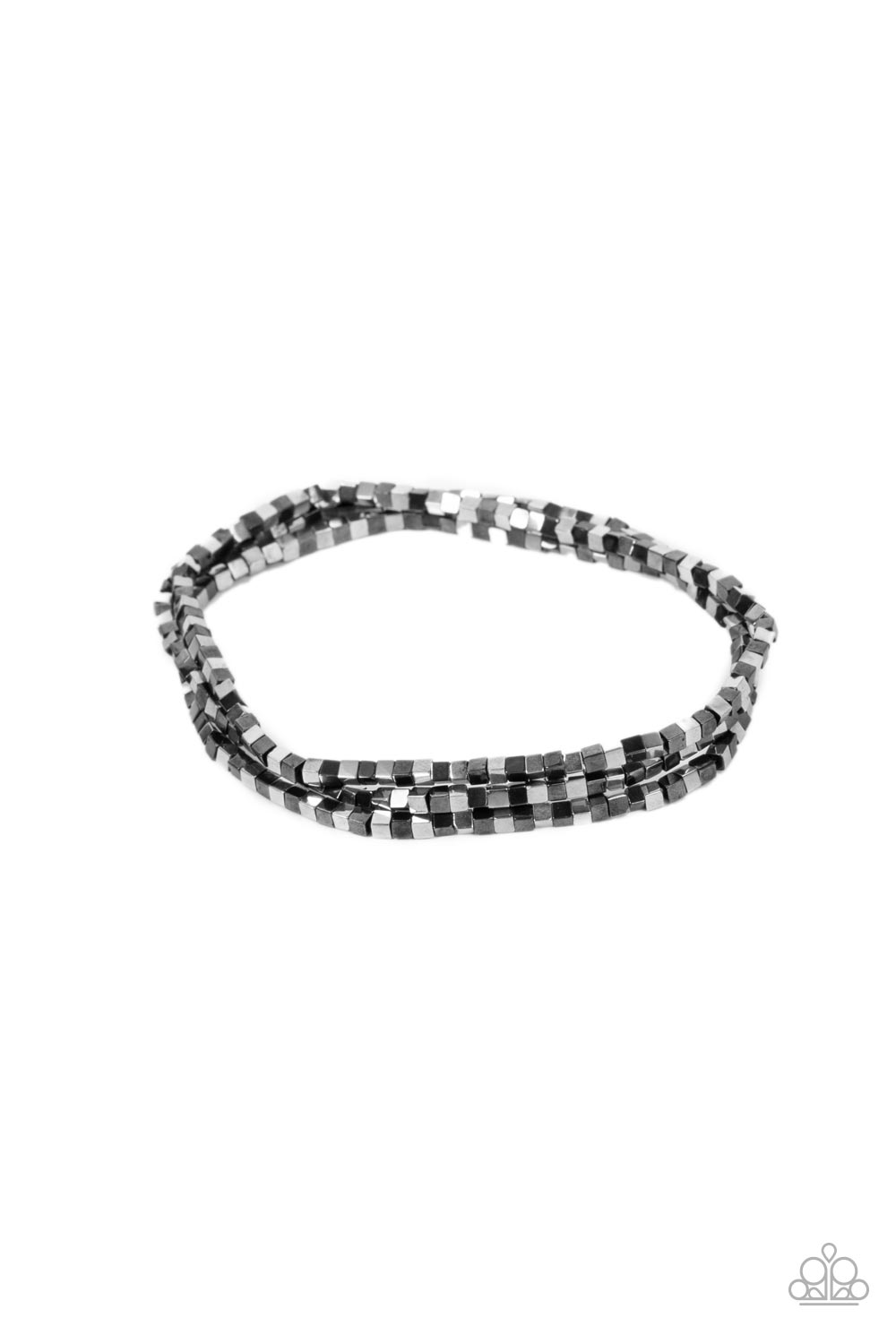 Block Bash Multi Bracelet - Paparazzi Accessories  A dainty collection of silver and gunmetal cube beads alternates along stretchy bands, stacking into edgy layers around the wrist.  Sold as one set of three bracelets.