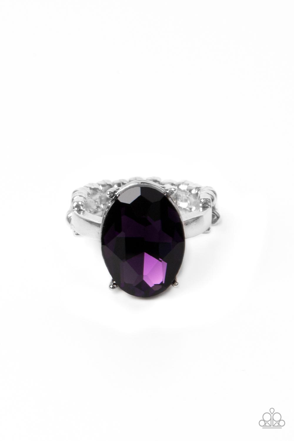 Updated Dazzle Purple Ring - Paparazzi Accessories  A stunning faceted plum gem, set in edgy pronged fittings, creates a glamorous show-stopping centerpiece atop sleek silver bands. Features a dainty stretchy band for a flexible fit.  Sold as one individual ring.