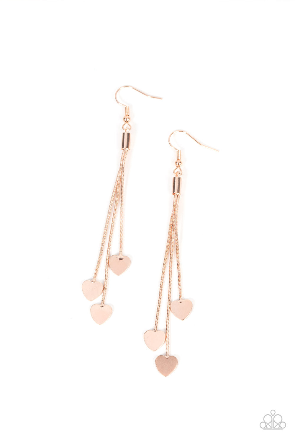 Higher Love Rose Gold Earring - Paparazzi Accessories  Shiny rose gold heart charms delicately trickle from varying lengths of rounded rose gold snake chains, resulting in a flirtatious tassel. Earring attaches to a standard fishhook fitting.  Sold as one pair of earrings.